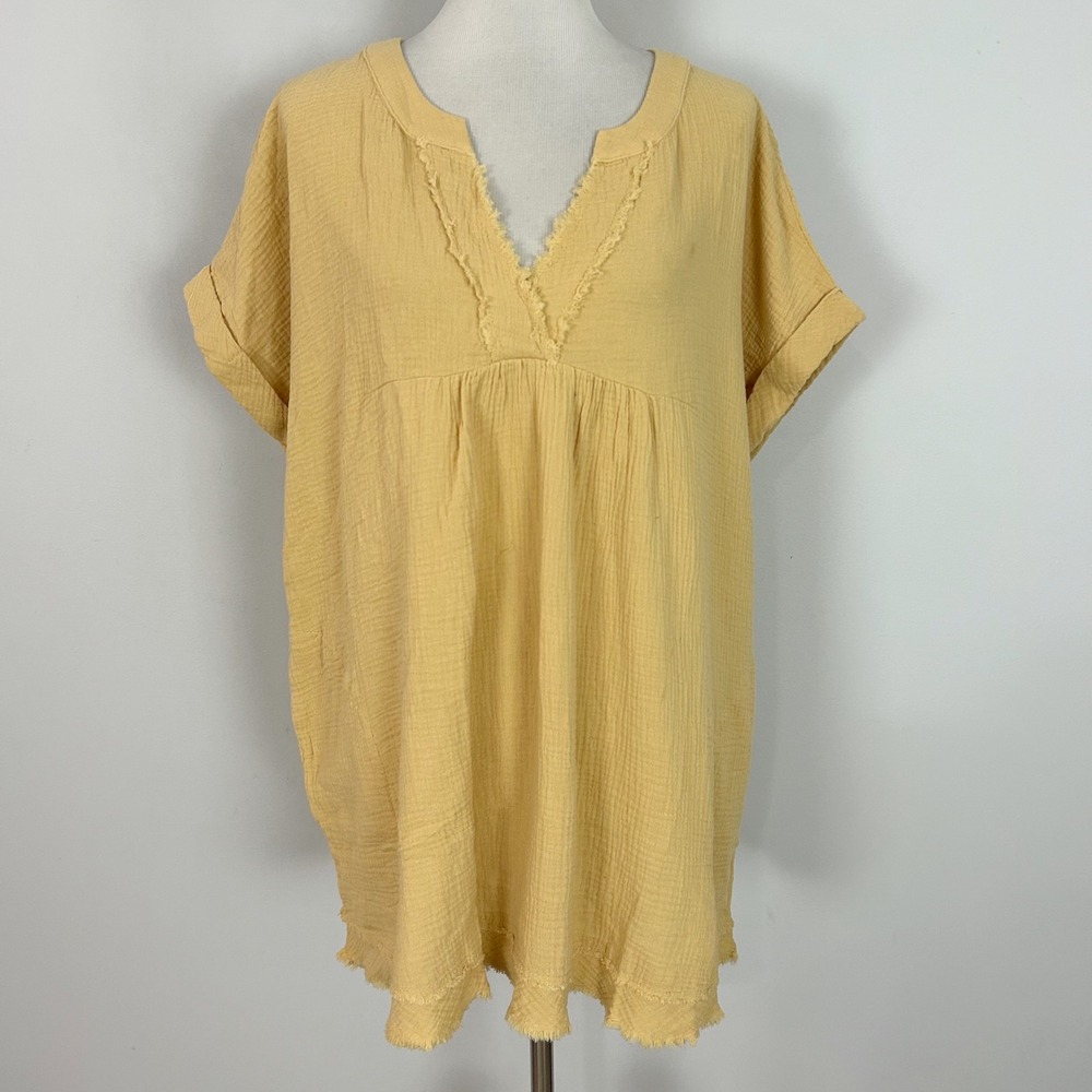NEW Entro Blouse Yellow Gauze Cotton Fringed V-Neck Oversized Size XL Women's